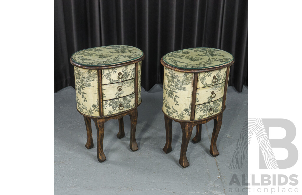 Pair of Barrel Form Elevated Three Drawer Bedside Chests