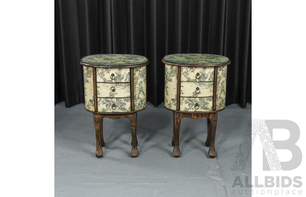 Pair of Barrel Form Elevated Three Drawer Bedside Chests