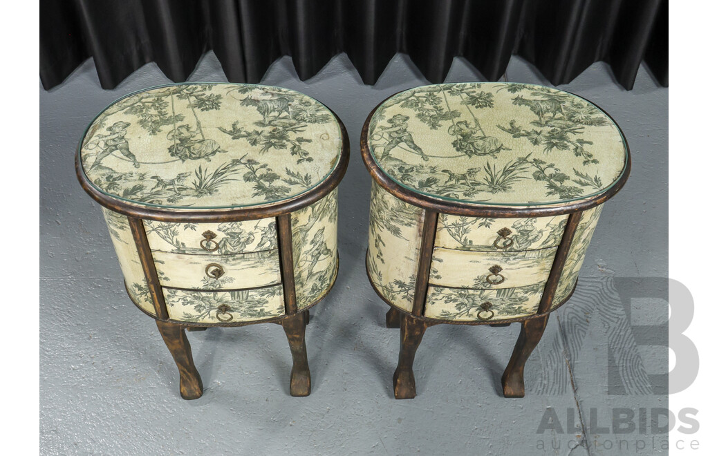 Pair of Barrel Form Elevated Three Drawer Bedside Chests