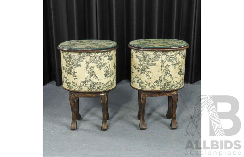 Pair of Barrel Form Elevated Three Drawer Bedside Chests