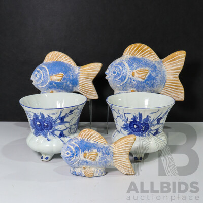 Three Ceramic Sculptures of Fish and Two Vases