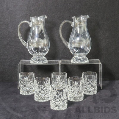 Collection Two Glass Jugs with Vines Imprinted on Bottom and Six Crystal Whisky Glasses