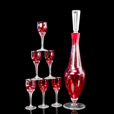 Vintage Bohemia Ruby Red Glass Decanter with Six Matching Crystal Port Glasses
