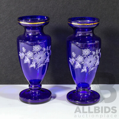 Pair of Vintage Bohemia Blue Vase with White Floral Patten and Gold Band Around Rim