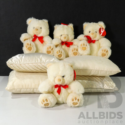Four Mixed Pillows and Four Soft Vintage Teddy Bears From the Mac Bear Collection
