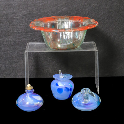 Signed Decorative Peter Crisp Fused Slump Glass Bowl, Small Vase and Glass Oil Lamps