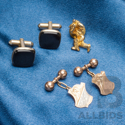 Collection of 9ct Gold & Gold Tone Cufflinks/Tie Pin & Dutch Metal Leaf - Lot of 4