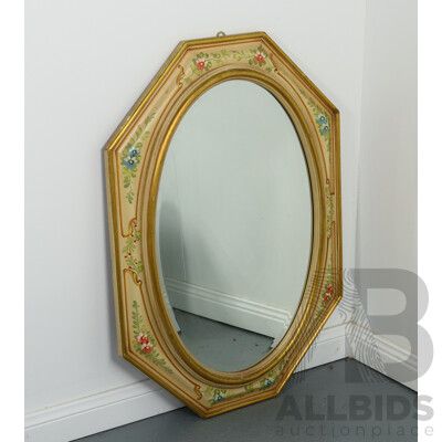 Wonderful Antique Octagonal Mirror with Timber Hand Painted Floral Border, 90H x 65W cm