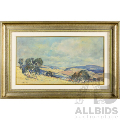 Allan Hansen (20th Century, Danish-Born Australian, 1911-2000), Overlooking Cooma to the North, Original Oil on Canvas Board, 45H x 68W cm (frame)