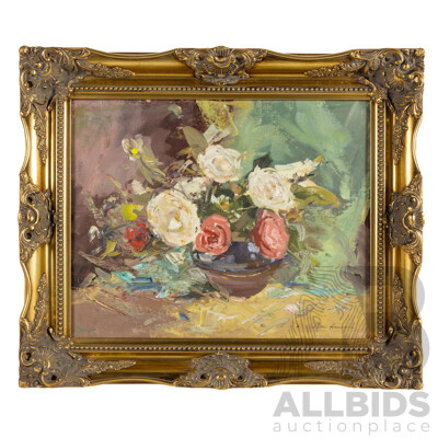 Allan Hansen (20th Century, Danish-Born Australian, 1911-2000), Camellias (1967), Original Vintage Oil on Canvas Board, 54H x 64W cm (frame)