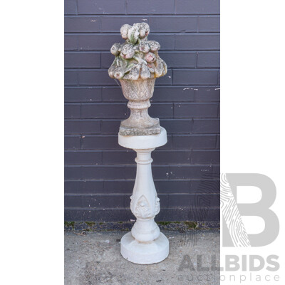 Concrete Garden Statue of Fruit in a Vase on a Concrete Pedestal