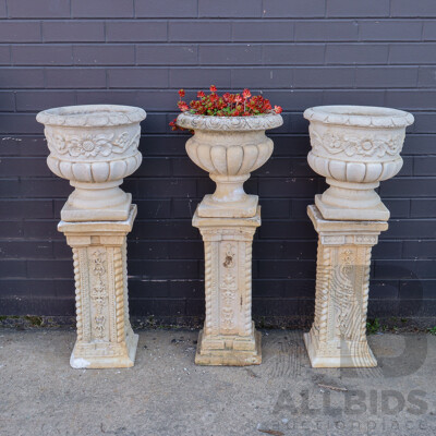 Set of Three Painted Concrete Pedestals and Pots