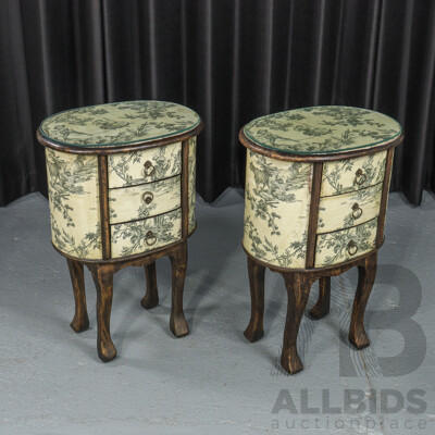 Pair of Barrel Form Elevated Three Drawer Bedside Chests