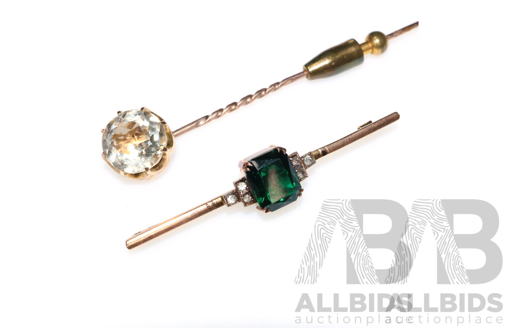 9ct Vintage Stick Pin with 11.4mm Topaz & 9ct Bar Brooch with White Sapphires & Green Paste Stone, 8.92 Grams