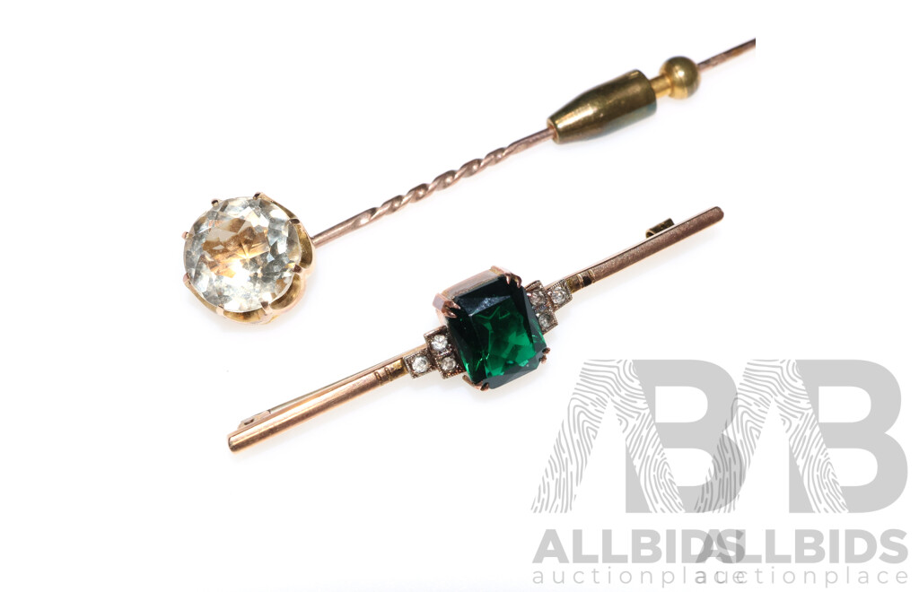 9ct Vintage Stick Pin with 11.4mm Topaz & 9ct Bar Brooch with White Sapphires & Green Paste Stone, 8.92 Grams