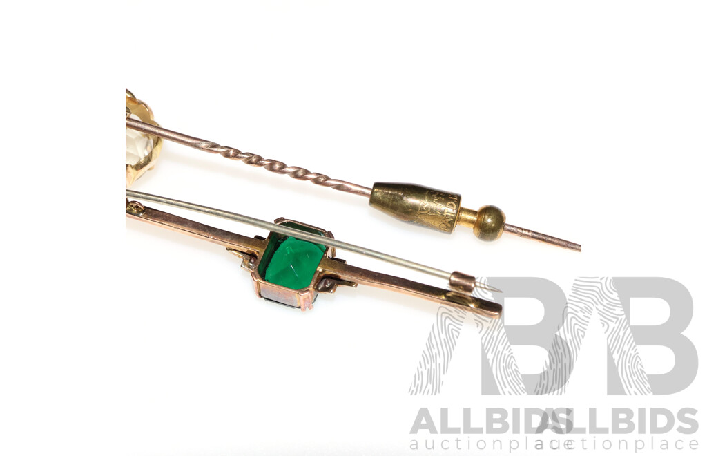 9ct Vintage Stick Pin with 11.4mm Topaz & 9ct Bar Brooch with White Sapphires & Green Paste Stone, 8.92 Grams