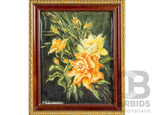 Alevtina-Tina Kurianezyk, (20th Century, Ukranian-Australian, Active c1970-80s), One Rose & Two Roses (1979), Pair of Vintage Oils on Handmade Canvas Paper Laid on Board, 30H x 25W cm (frames) (2)