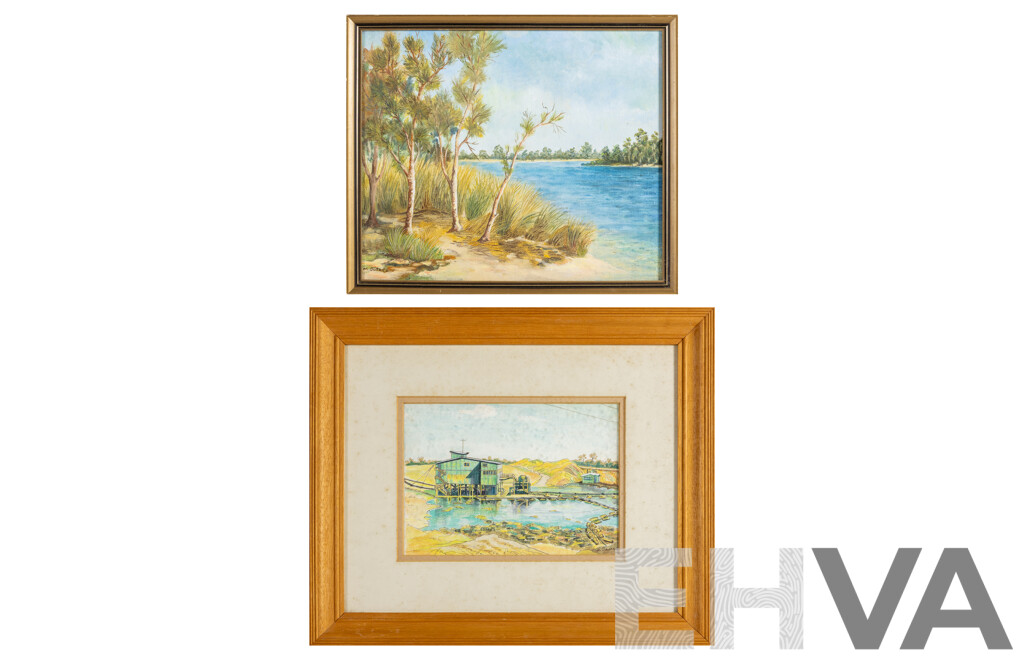 M.Suters, (20th Century), Sand Mining, Hawks Nest & Myall River, Pair of Original Vintage Ink & Watercolour and Oil on Board, 37H x 44W cm (larger frame) (2)