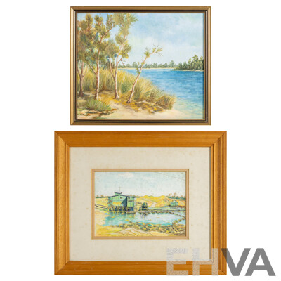 M.Suters, (20th Century), Sand Mining, Hawks Nest & Myall River, Pair of Original Vintage Ink & Watercolour and Oil on Board, 37H x 44W cm (larger frame) (2)