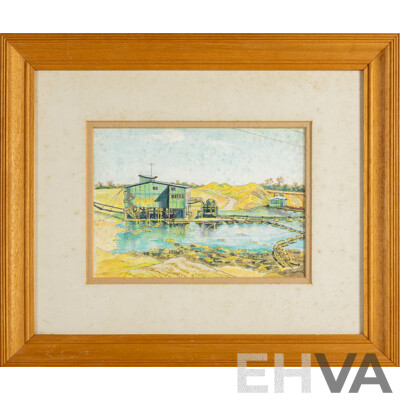 M.Suters, (20th Century), Sand Mining, Hawks Nest & Myall River, Pair of Original Vintage Ink & Watercolour and Oil on Board, 37H x 44W cm (larger frame) (2)