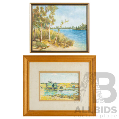 M.Suters, (20th Century), Sand Mining, Hawks Nest & Myall River, Pair of Original Vintage Ink & Watercolour and Oil on Board, 37H x 44W cm (larger frame) (2)