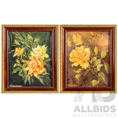 Alevtina-Tina Kurianezyk, (20th Century, Ukranian-Australian, Active c1970-80s), One Rose & Two Roses (1979), Pair of Vintage Oils on Handmade Canvas Paper Laid on Board, 30H x 25W cm (frames) (2)
