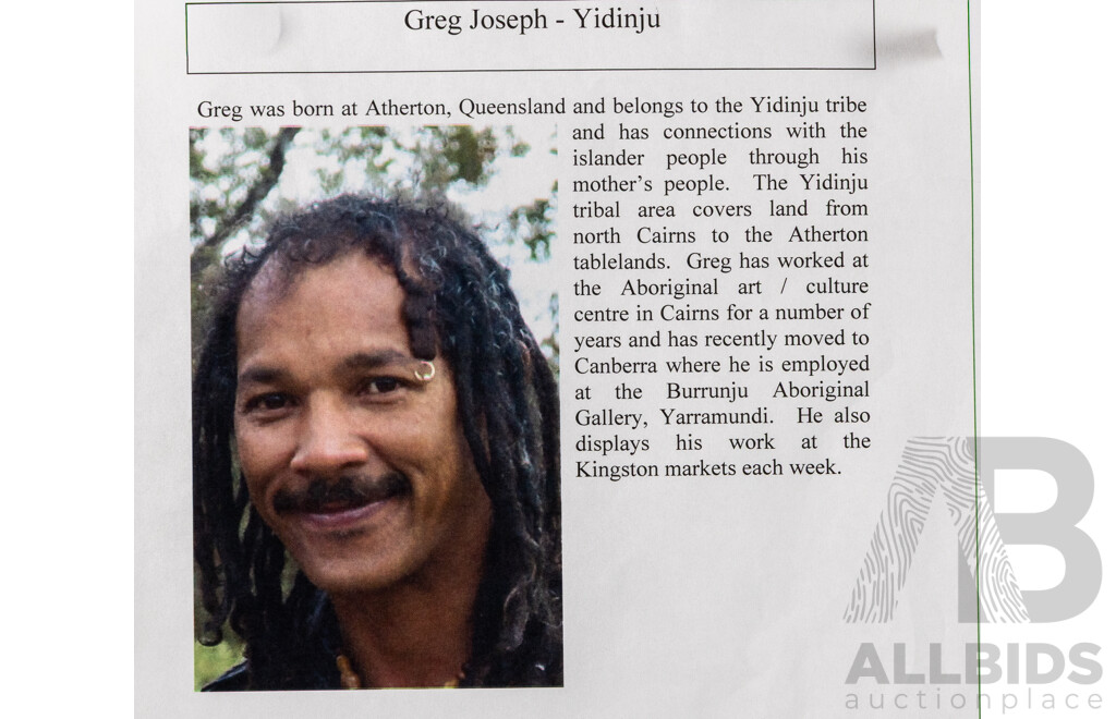 Greg Joseph (Yidinji) (20th C.,Indigenous Australian), Dreamtime Spirit, Animals & More, Collection of Six Wonderful Unstretched Acrylic on Canvases, 36 x 24 cm (images approx) (6)