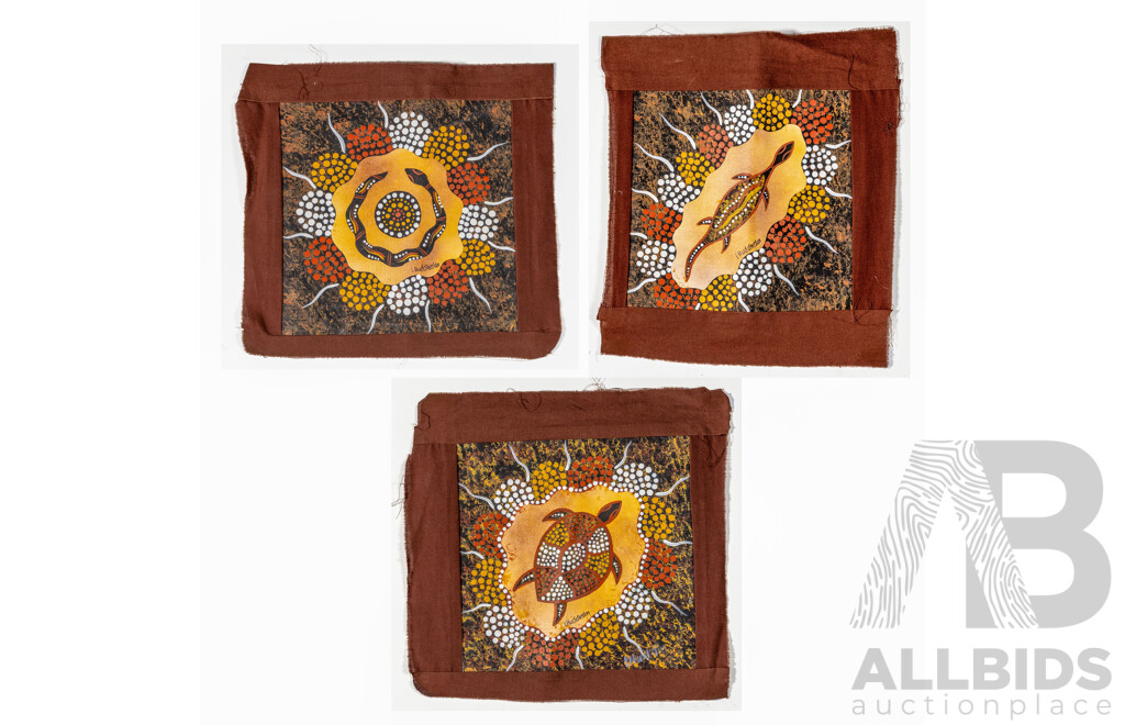 Linda Huddleston, (20th C.,Indigenous Australian), Snake, Goanna & Turtle Spirit Animals, Trio of Lovely Unstretched Acrylic on Canvases, 25 x 25 cm (images approx) (3)