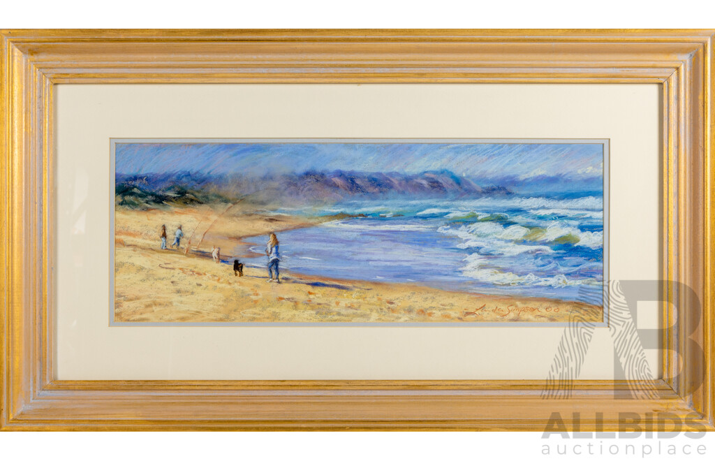 Linda Simpson, (20th Century, Australian), Fisherman on Gunnamatta Beach, Original Pastel, 48 x 85 cm (frame)