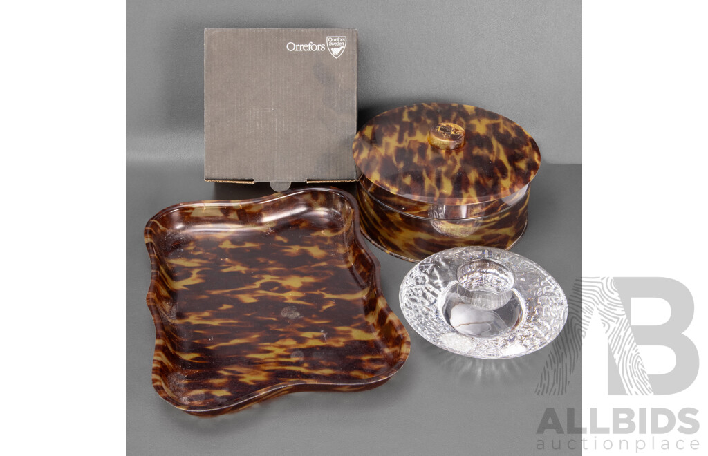 Vintage Faux Turtle Shell Cosmetics Container and Tray with Boxed Orrefors Glass Candle Holder