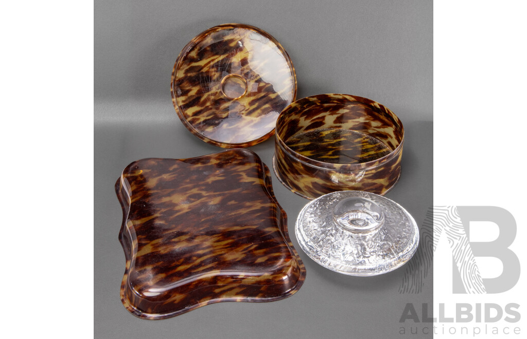 Vintage Faux Turtle Shell Cosmetics Container and Tray with Boxed Orrefors Glass Candle Holder