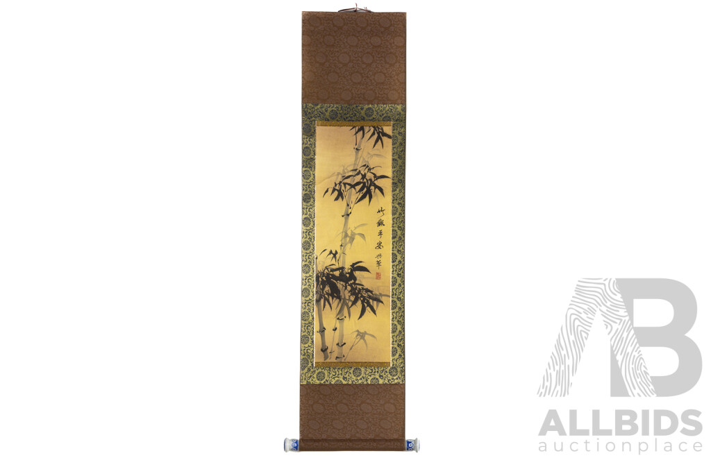 Artist Unknown, (20th Century, East Asian School), Bamboo, Peace, Splendour, Wonderful Vintage Original Ink & Wash on Rice Paper Scroll, 120 x 29 cm