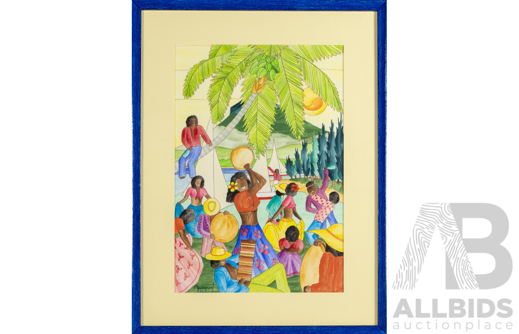 Artist Unknown, (20th Century, Haitian School), Party (1984), Wonderful Original Ink and Coloured Markers, 76 x 57 cm (frame)