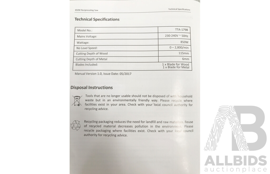 Workzone (TTA-1798) Corded  850W Reciprocating Saw