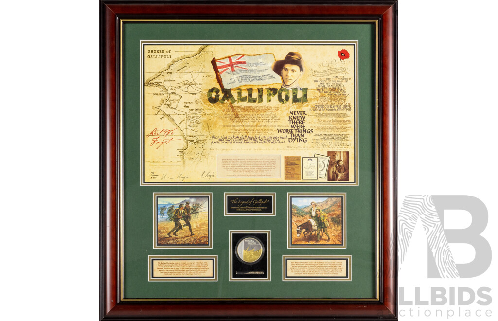 Shores of Gallipoli, Signed & Limited Edition Commemorative Prints Including Medallion and Sands of Gallipoli, 65 X 60 Cm (frame)