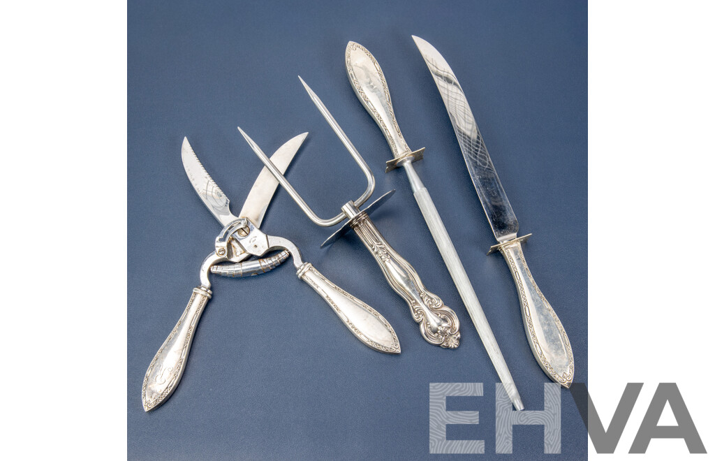 Vintage Carving Set, Including Whiting Manufacturing Co, Web Silver Co and Concord Shear Italy, all with Sterling Silver Handles