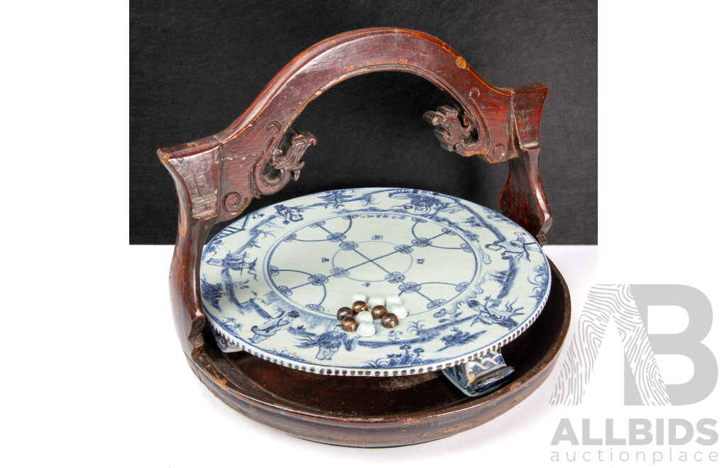 Chinese Timber Carryall with Elevated Ceramic Board and Game Pieces