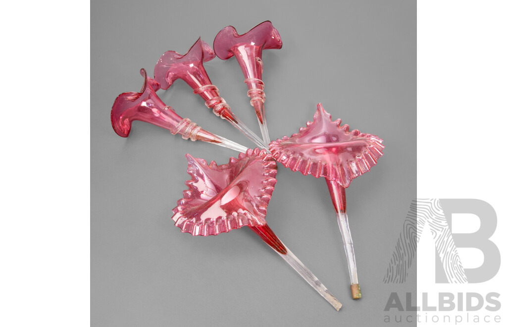 Collection of Five Victorian Cranberry Glass 'Jack in the Pulpit' Epergnes Centrepieces