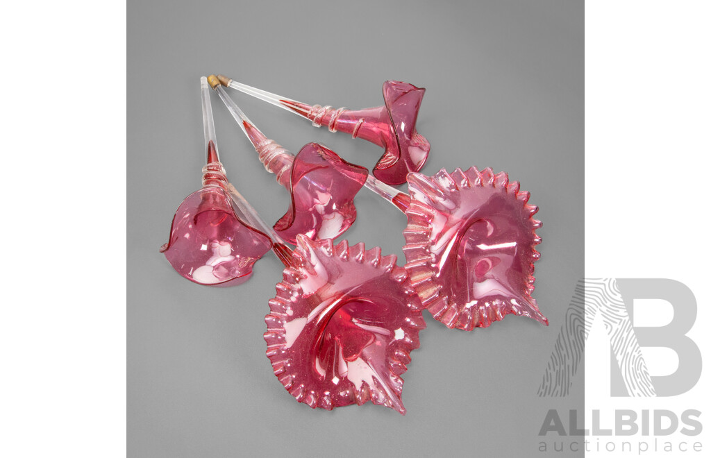 Collection of Five Victorian Cranberry Glass 'Jack in the Pulpit' Epergnes Centrepieces