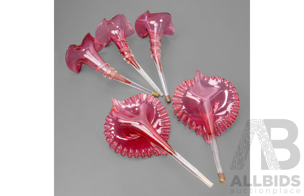Collection of Five Victorian Cranberry Glass 'Jack in the Pulpit' Epergnes Centrepieces