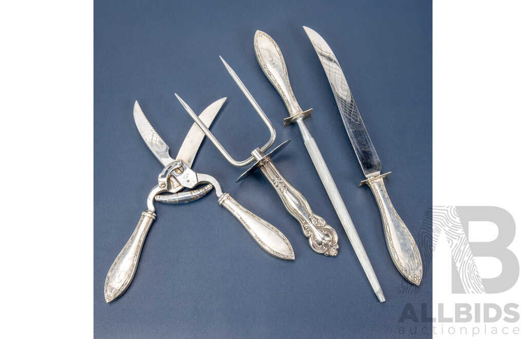 Vintage Carving Set, Including Whiting Manufacturing Co, Web Silver Co and Concord Shear Italy, all with Sterling Silver Handles