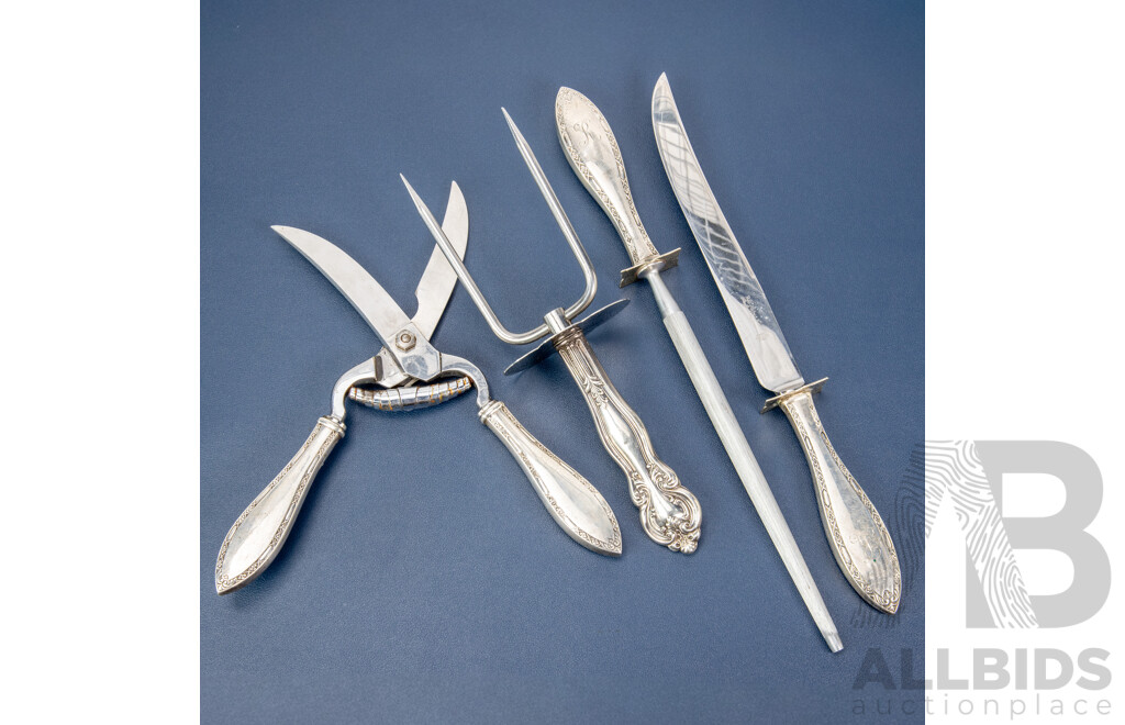 Vintage Carving Set, Including Whiting Manufacturing Co, Web Silver Co and Concord Shear Italy, all with Sterling Silver Handles