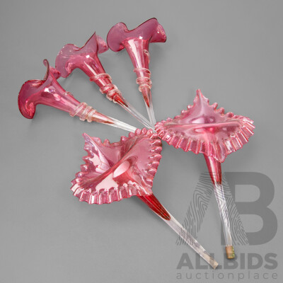 Collection of Five Victorian Cranberry Glass 'Jack in the Pulpit' Epergnes Centrepieces
