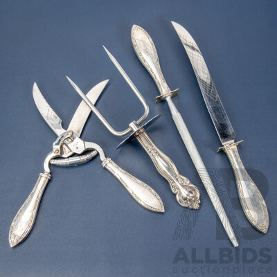 Vintage Carving Set, Including Whiting Manufacturing Co, Web Silver Co and Concord Shear Italy, all with Sterling Silver Handles