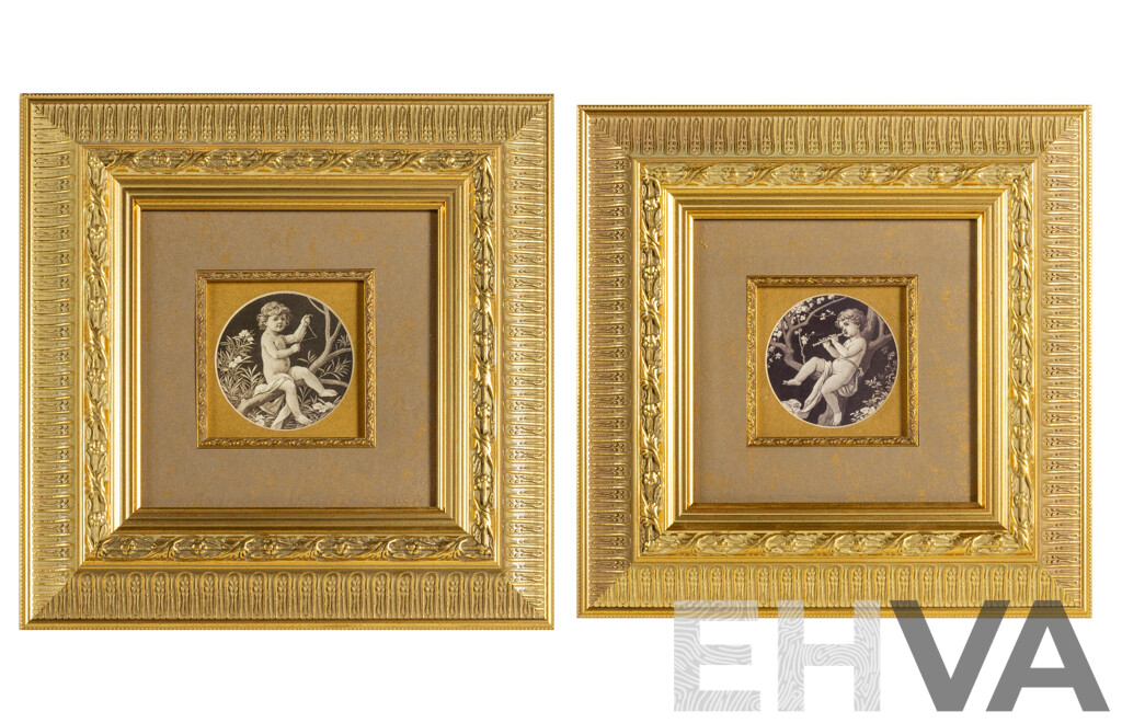 Artists Unknown (20th Century), Putto with Flute & Putto with Triangle, Pair of Musical Putti Depicted in Quality Reproduction Prints, 36 x 36 cm (frames) (2)