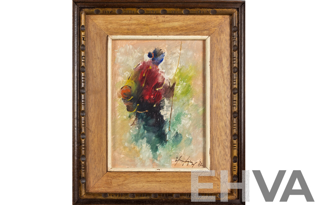 Signed Indistinctly, (20th Century, Active c1970s), Hunter in Red Shawl, Wonderful Original Vintage Oil on Canvas Board, 47 x 40 cm (frame)