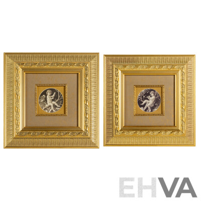 Artists Unknown (20th Century), Putto with Flute & Putto with Triangle, Pair of Musical Putti Depicted in Quality Reproduction Prints, 36 x 36 cm (frames) (2)