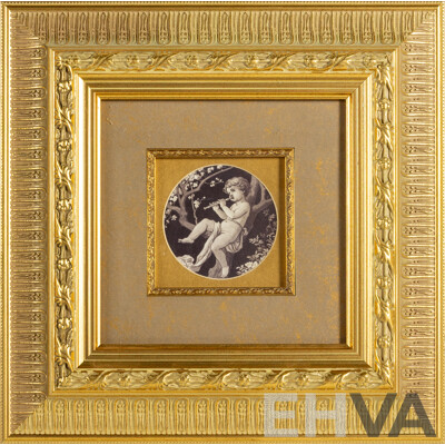 Artists Unknown (20th Century), Putto with Flute & Putto with Triangle, Pair of Musical Putti Depicted in Quality Reproduction Prints, 36 x 36 cm (frames) (2)