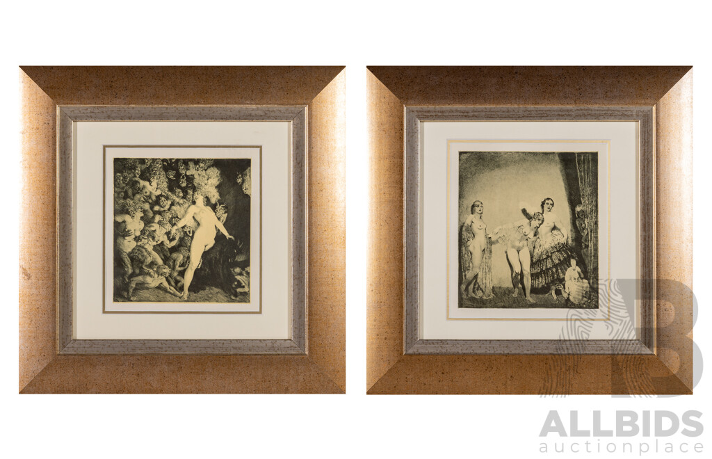 Norman Lindsay (20th Century, Australian, 1879-1969), The Showman & She Arrives, Pair of Lovely Book Plate Prints, 43 x 43 cms (frames) (2)
