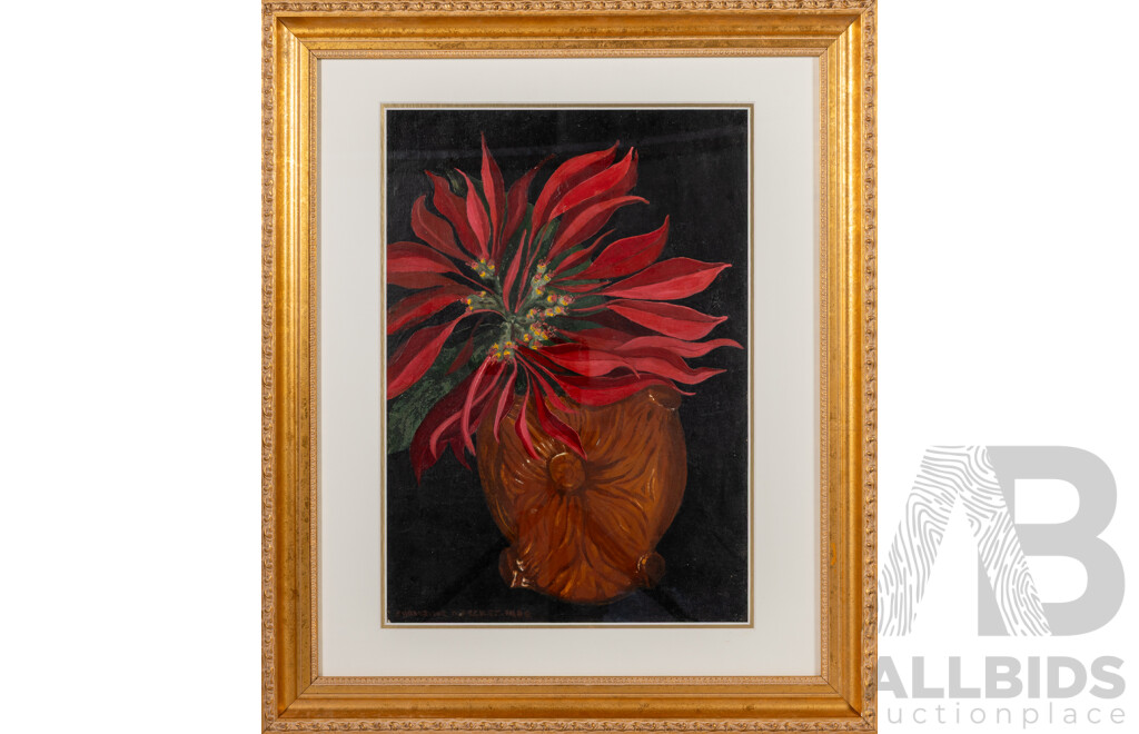Christine Audrey Pecket (20th Century, British-Born Australian, 1908-1996), Untitled Floral Study, Original Vintage Oil on Canvas Cloth, Framed Under Glass, 62 x 52 cm (frame)